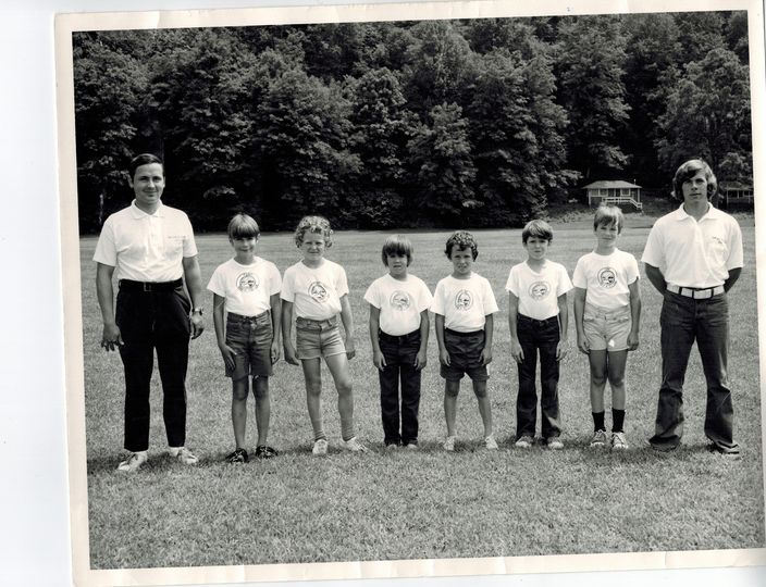 Photograph of cabin mates of the Warrior Camp, with counselors Kent Hoffman and Doug Auld (1974}.